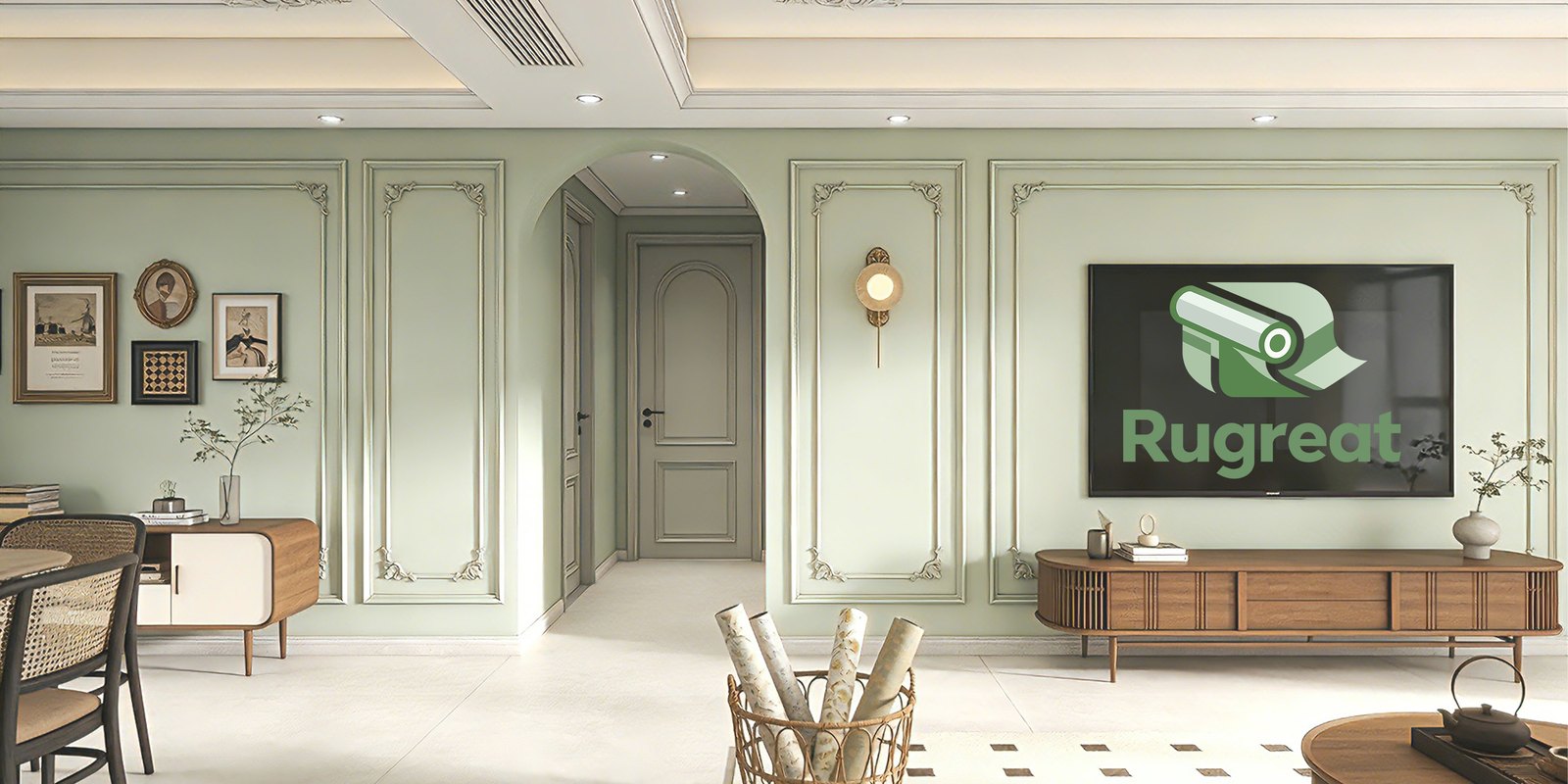 A refined living space finished with Rugreat wallpaper and wall panels